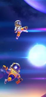 Astronauts float in a colorful space scene with planets and celestial bodies.