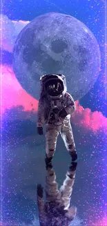 Colorful space wallpaper with astronaut and moon backdrop.