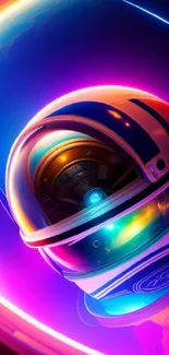 Colorful astronaut helmet in vibrant space scene.