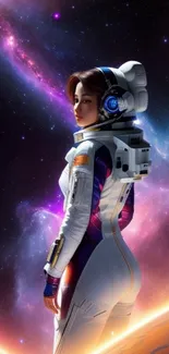 Mobile wallpaper of a space explorer with a vibrant cosmic backdrop.