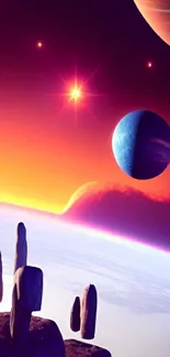 Vibrant space fantasy wallpaper with planets and stars.