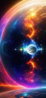 Vibrant cosmic fantasy wallpaper with colorful planetary scene.