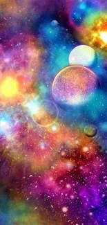 Colorful space wallpaper with vibrant planets and stars in a galaxy scene.