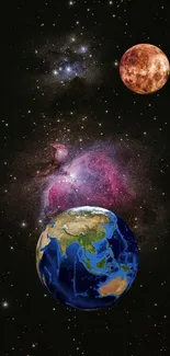 Earth and distant planet with galaxy backdrop on mobile wallpaper.