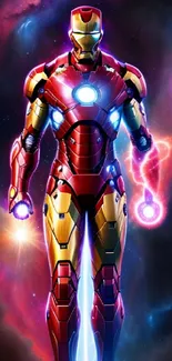 Armored hero in red suit against a cosmic background.