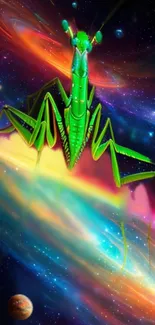 Colorful space art with a bright green mantis.