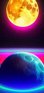 Vivid space wallpaper with colorful moons and neon rings.