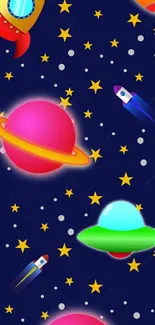 Colorful space-themed wallpaper with planets, rockets, and stars on a navy background.