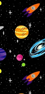 Space-themed wallpaper with planets, rockets, and stars on a black background.