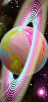 Colorful planet with rings in the galaxy.