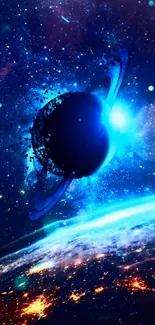 Vibrant blue planet and cosmic space wallpaper with glowing effects.