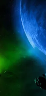 Stunning space wallpaper with a blue planet and green nebula.