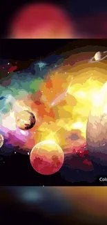 Colorful space art with vibrant planets and nebula.