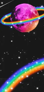 Pink planet with rainbow rings and stars in space.