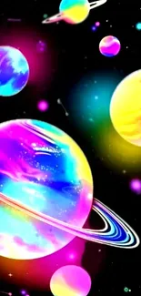 Vibrant planets and stars in space wallpaper for mobile devices.