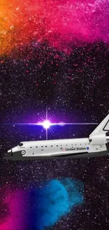 Mobile wallpaper with space shuttle and vibrant galaxy colors.