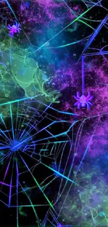 Neon spider web with purple spiders and cosmic background.