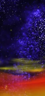 Vibrant galaxy wallpaper with purple, yellow, and red hues for mobile screens.