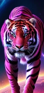 Colorful pink tiger with cosmic background.