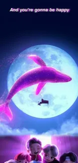 Colorful fantasy mobile wallpaper with pink whale and moon.