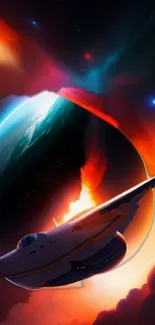 Vibrant wallpaper of a spacecraft journey through space with fiery colors and planets.