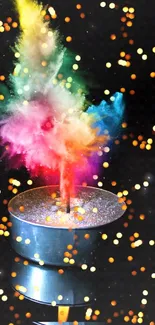 Vibrant sparkler candle against a dark background, bursting in colorful flames.