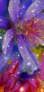 Vibrant purple and pink flowers with sparkling details wallpaper.