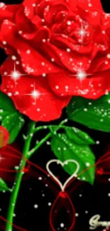 Vibrant red rose wallpaper with sparkles and green leaves.