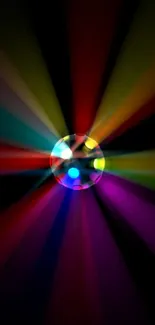 Vibrant spectrum burst with multicolored light rays on a black background.