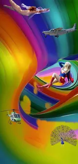 Colorful fantasy wallpaper with a swirling rainbow and surreal figures.