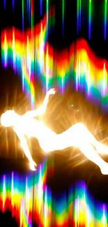 Glowing figure with rainbow spectrum light on black background.