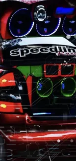 Dynamic Speedline Racing car art with vibrant red and green accents.