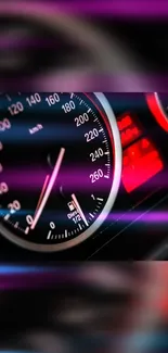 Vibrant speedometer with neon lights on a mobile wallpaper.