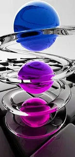 Abstract spheres with metallic rings in vibrant blue and purple hues.