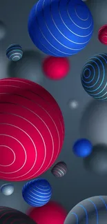 Colorful 3D spheres wallpaper in red, blue, and gray tones.