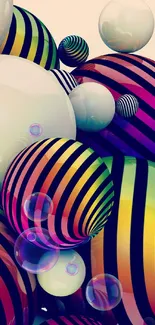 Colorful striped spheres mobile wallpaper with a modern abstract design.