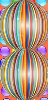 Colorful striped spheres on vibrant background.