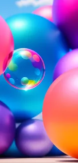 Vibrant spheres and bubble on a bright blue sky.