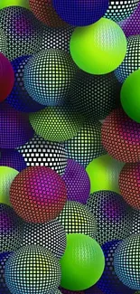 Colorful 3D spheres pattern wallpaper with vibrant green highlights.