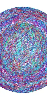 Colorful spherical abstract wallpaper with intertwining lines in blue, red, and purple.