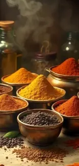 Vibrant display of colorful spice blends in elegant bowls.