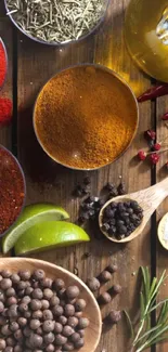 A vibrant arrangement of colorful spices on a wooden surface.