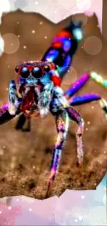 Colorful spider on a bright mobile wallpaper featuring vibrant patterns.