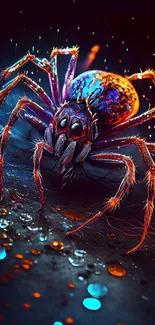 Colorful spider with neon glow on dark background.