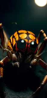 Vivid close-up of an orange spider on a dark background.