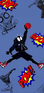 Dynamic Spider-Man comic wallpaper with basketball theme on blue background.