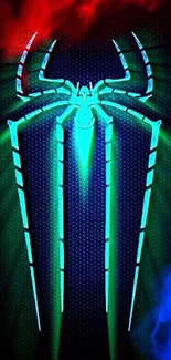 Glowing neon spider design on dark backdrop.