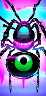 Colorful abstract spider with eye on neon background.