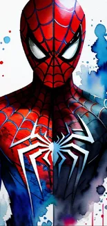 Artistic spider hero in red and blue watercolor design for mobile wallpaper.