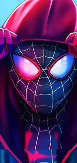 Neon spider hero with stylish mask in crimson and blue hues.